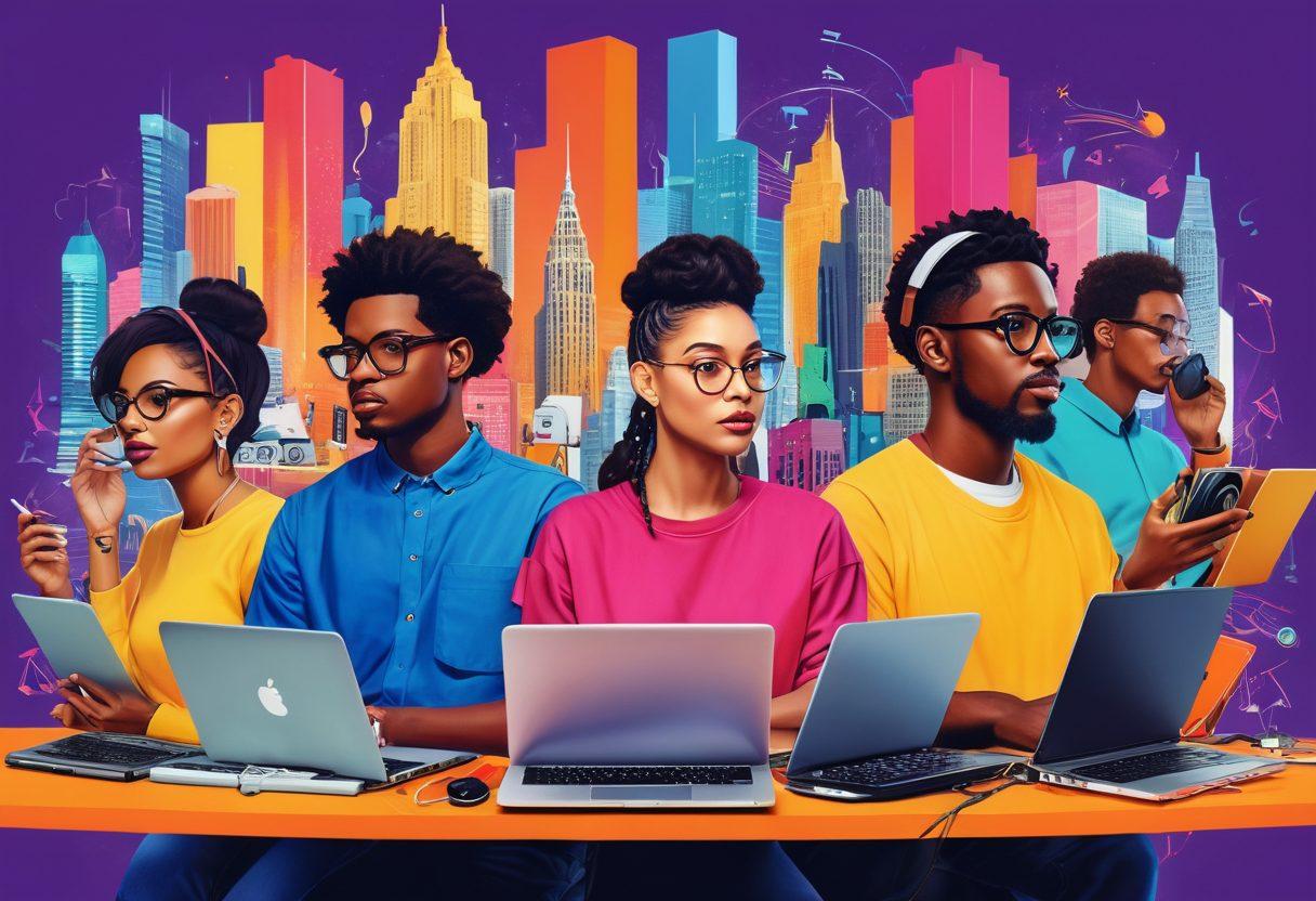 A vibrant collage depicting a diverse group of modern creators engaged in technology and pop culture, showcasing tools like laptops, cameras, and art supplies. Include elements like musical notes, digital icons, and popular culture references, blending creativity with technology. The background should be a dynamic cityscape that symbolizes innovation and culture. bright colors. stylized illustration.