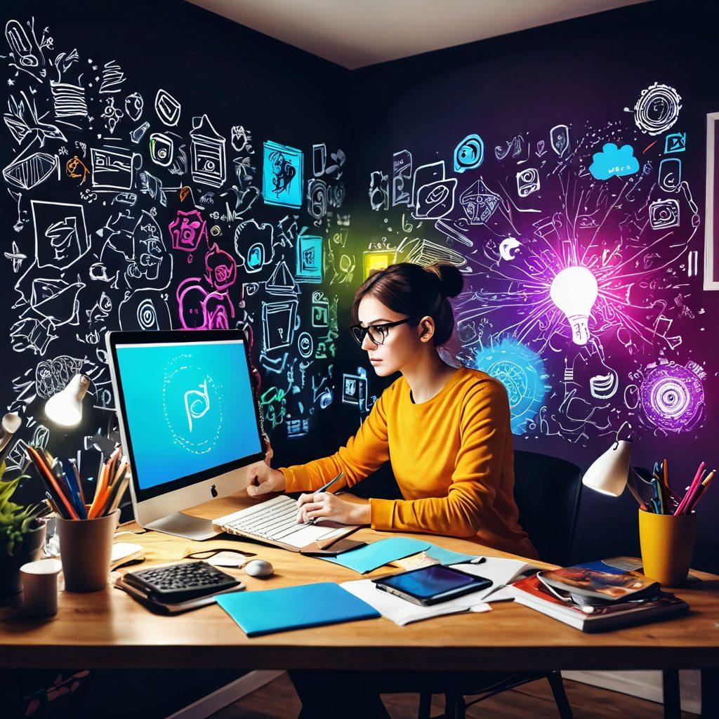 A vibrant, dynamic workspace filled with digital tools like a graphics tablet, laptop, and creative sketches scattered around. Show a person in mid-thought with colorful ideas visually emerging from their mind in forms of digital art and media trends, surrounded by floating social media icons. Capture the essence of inspiration and creativity in a lively, energetic atmosphere. bright colors. super-realistic. 3D.