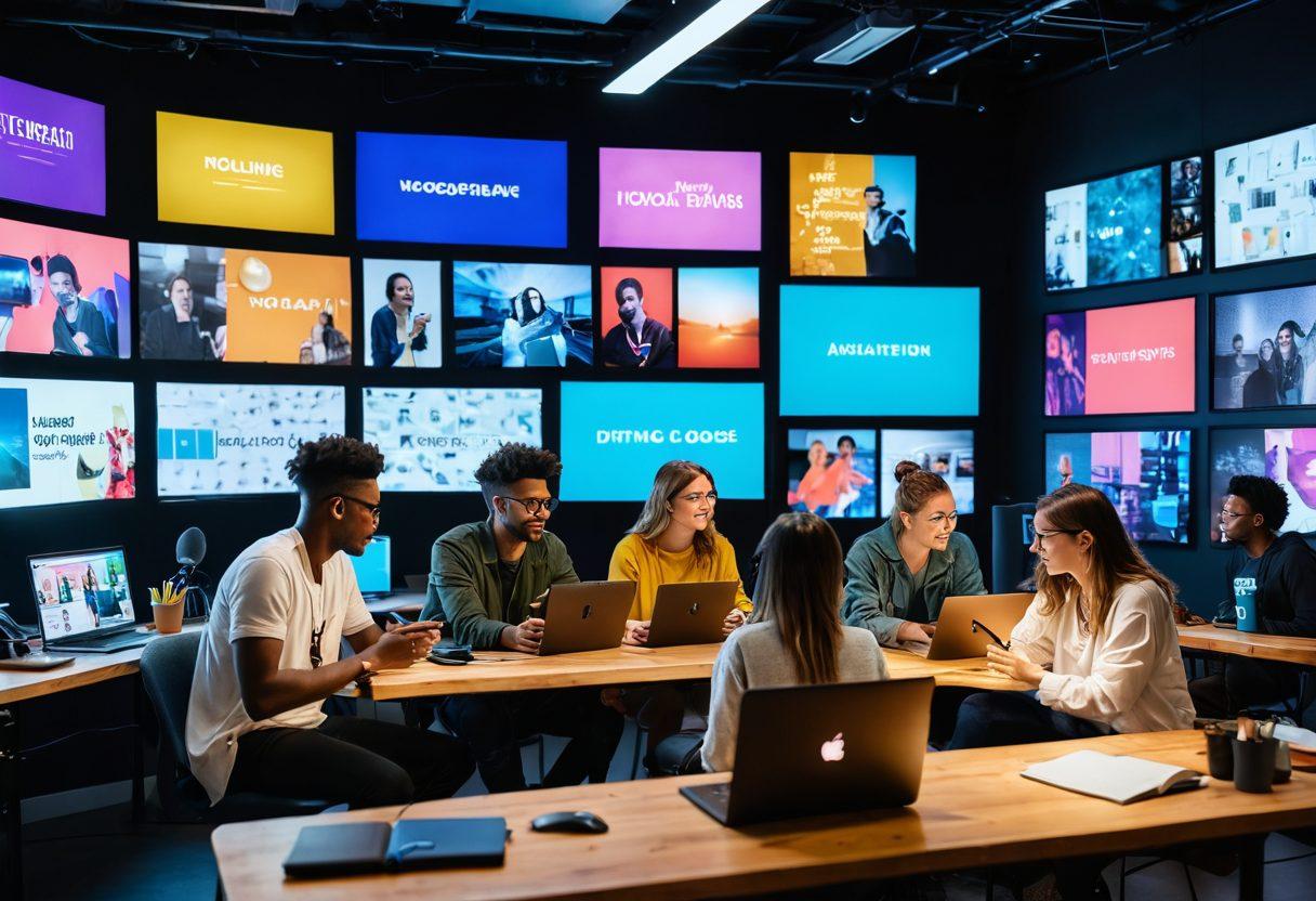 A diverse group of young content creators engaged in various digital expressions such as vlogging, journaling, and streaming, surrounded by colorful screens displaying their creative outputs. The scene captures a dynamic, modern workspace filled with cameras, microphones, and notebooks. Bright, inspirational quotes float in the air, emphasizing creativity and self-expression. A warm, inviting atmosphere with soft lighting enhances the connection between technology and personal storytelling. digital art. vibrant colors.